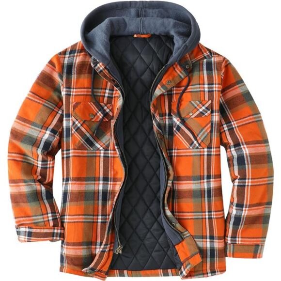 Men's Thicken Plaid Hooded Flannel Shirt Jacket Orange Plaid - Picture 1 of 5